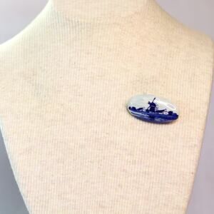 Holland Ceramic Brooch White Cobalt Blue Scenic Windmill House